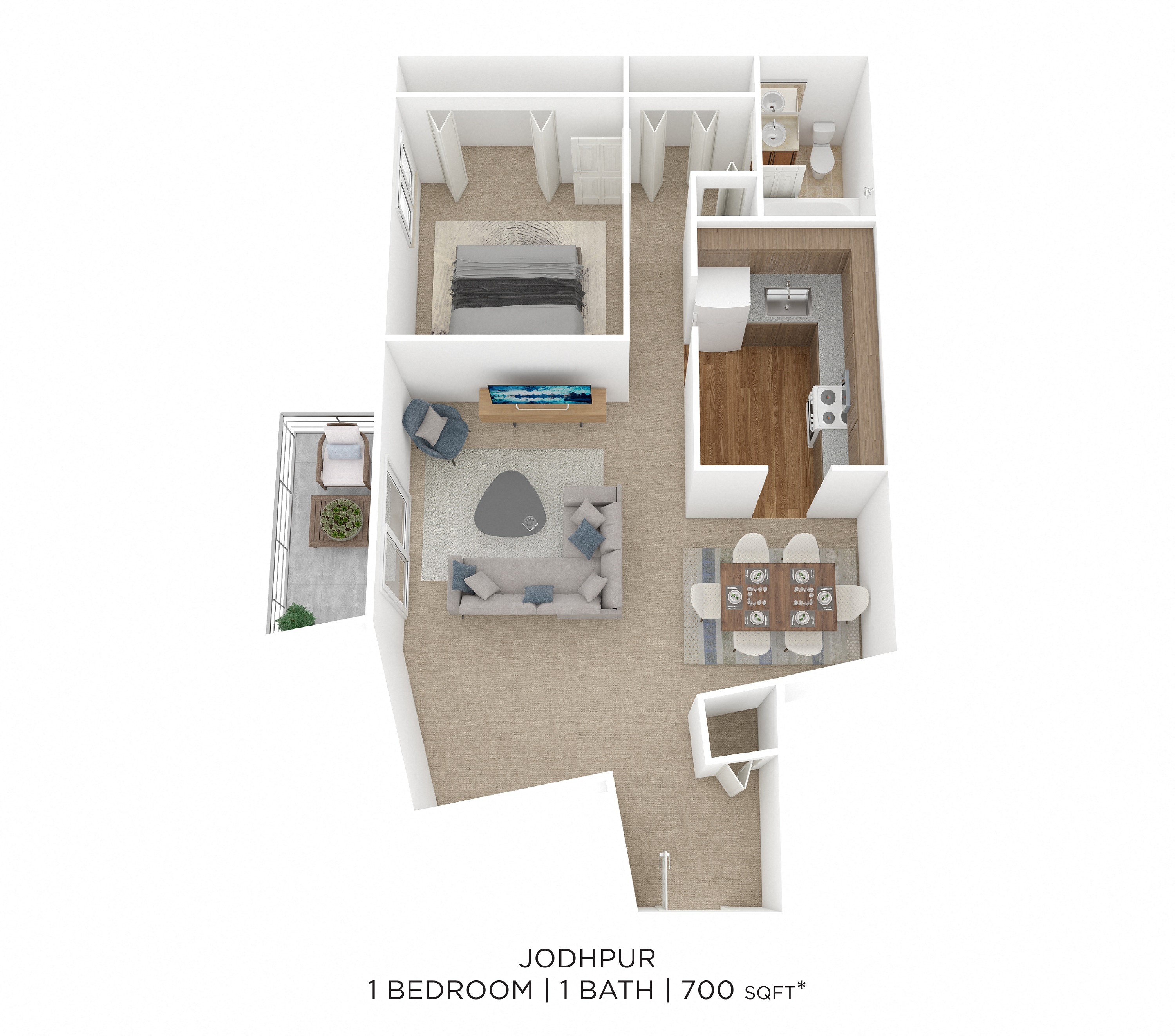 Floor plan for 1 bed, 1 bath, 700 sqft